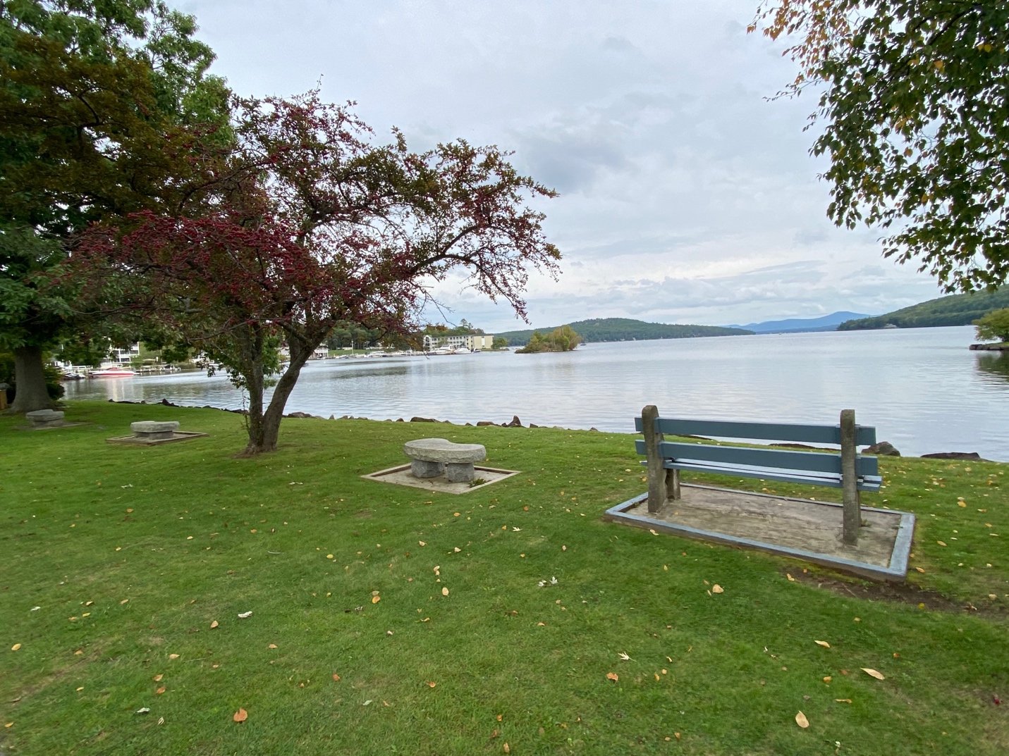 A bench and trees next to a body of water

Description automatically generated