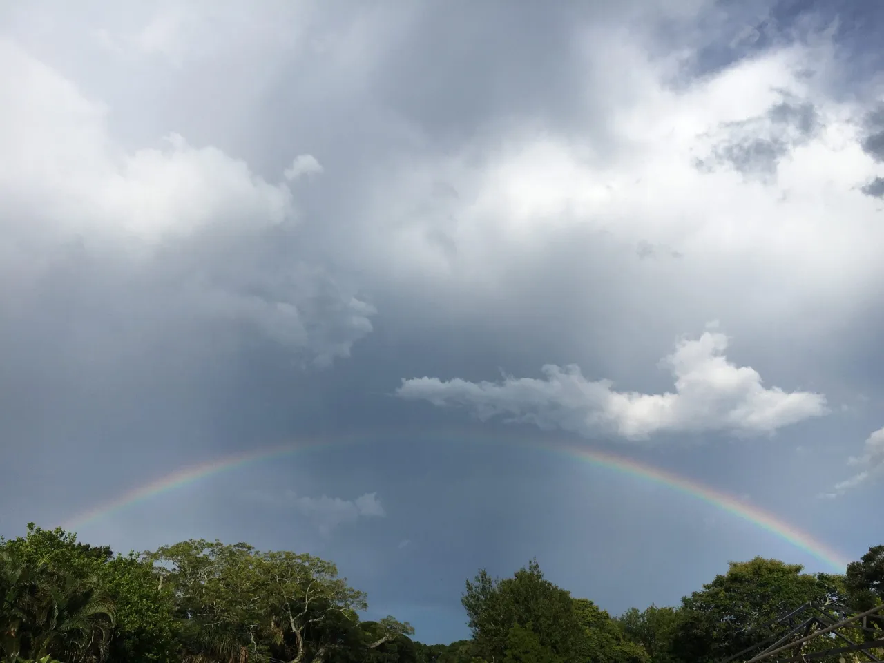 A rainbow over trees and a cloudy sky

Description automatically generated