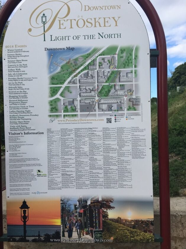 Sign and map of Downtown Petoskey, MI.